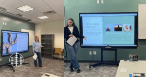 Krysteena Wilson and Madison Johnson giving a presentation about Attachment Styles at a high school in Boise, Idaho